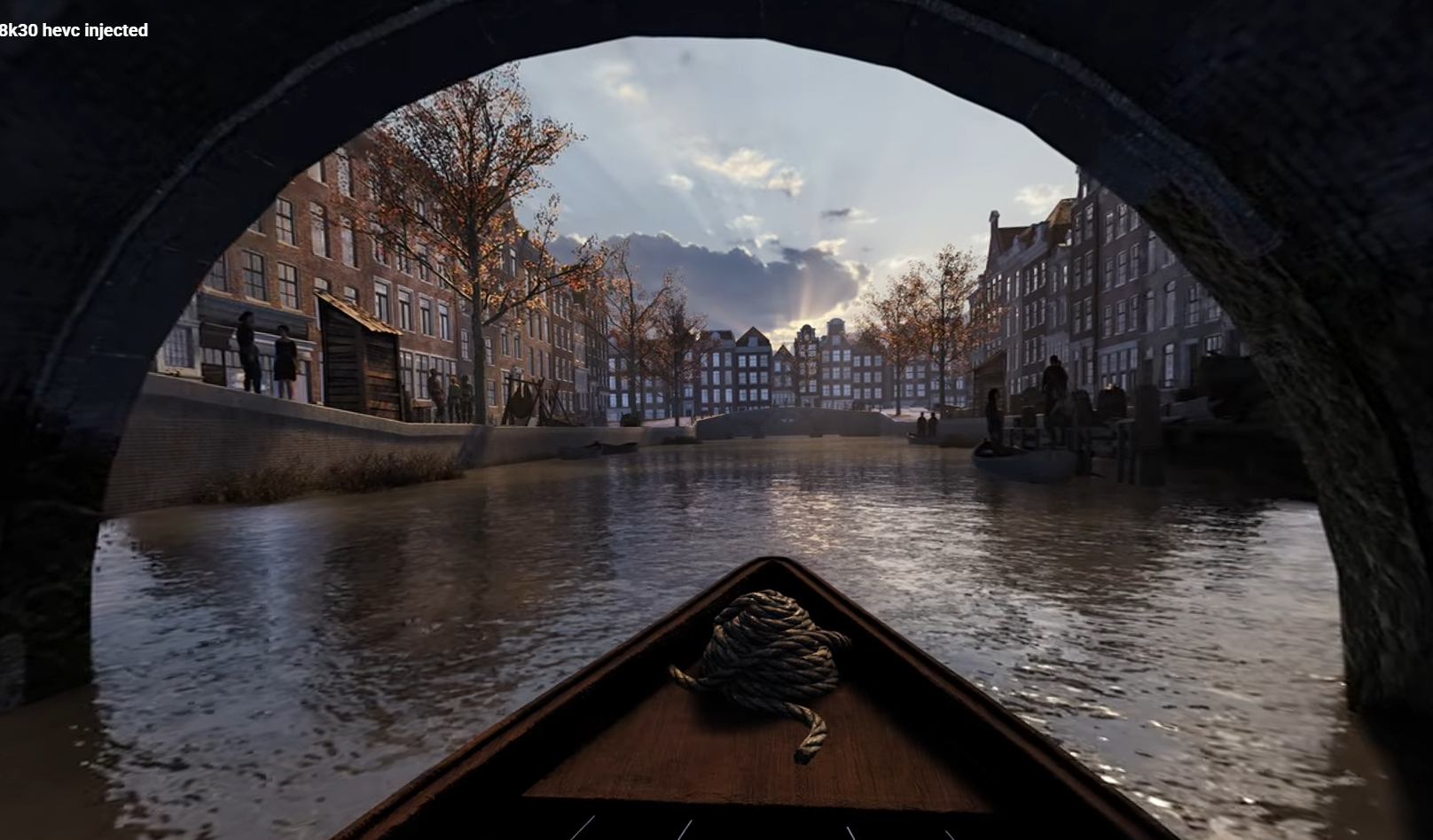 360° VR still from VRVoyage — a canal boat passing beneath a bridge in 17th-century Amsterdam
