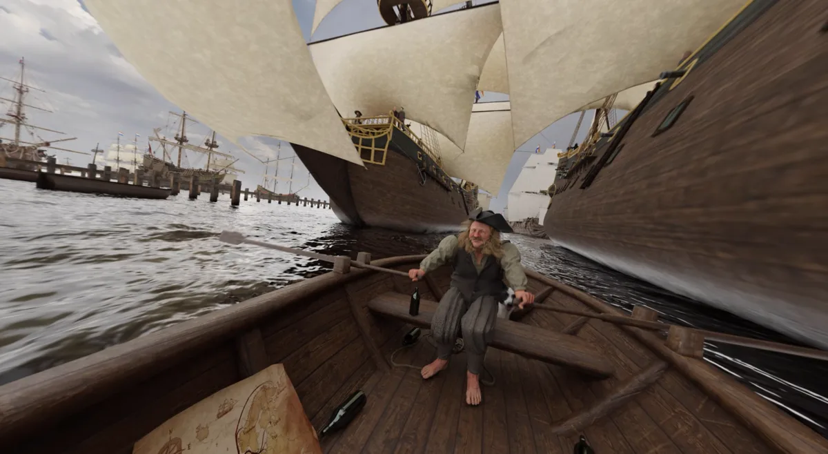 Piet rowing between tall sailing ships in VRVoyage
