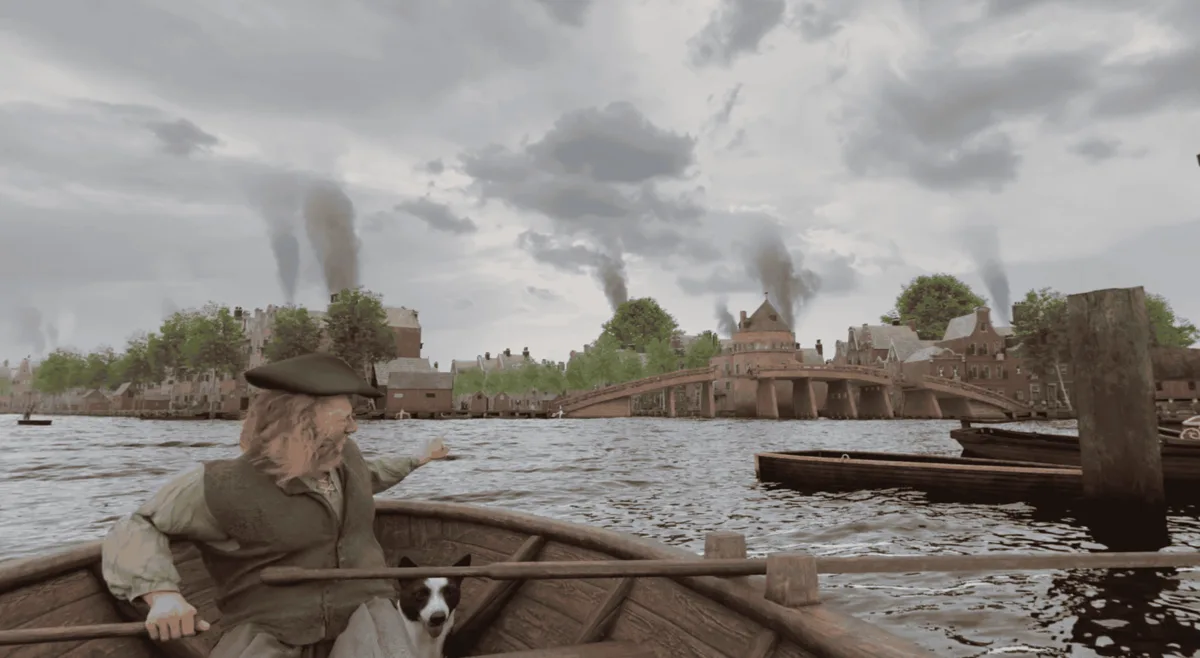 Piet, the VRVoyage boatman, pointing out the Schreierstoren in 17th-century Amsterdam