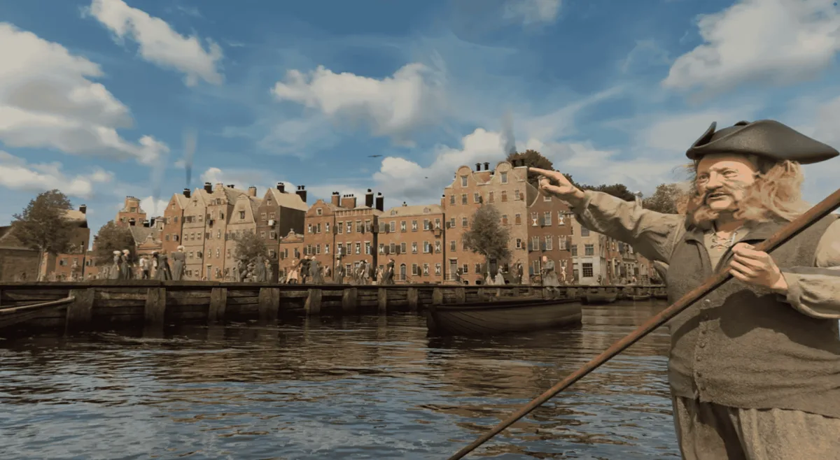Piet poling the boat through a busy 17th-century Amsterdam harbour in VRVoyage