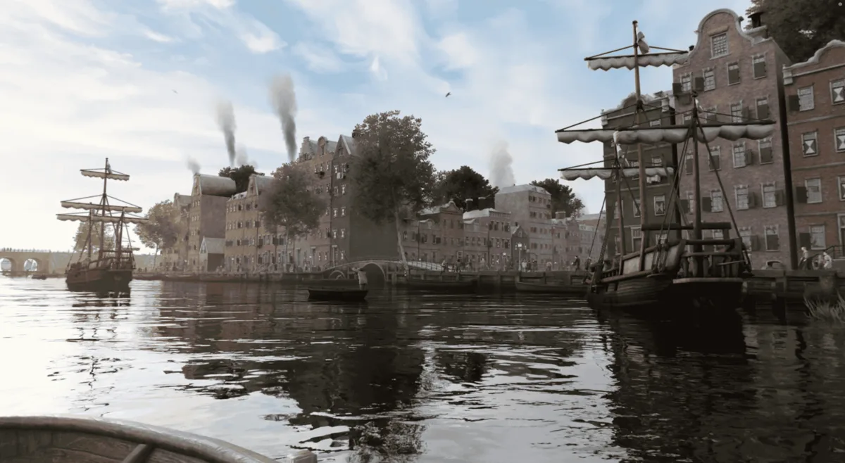 A VRVoyage canal scene with historic houses and moored ships