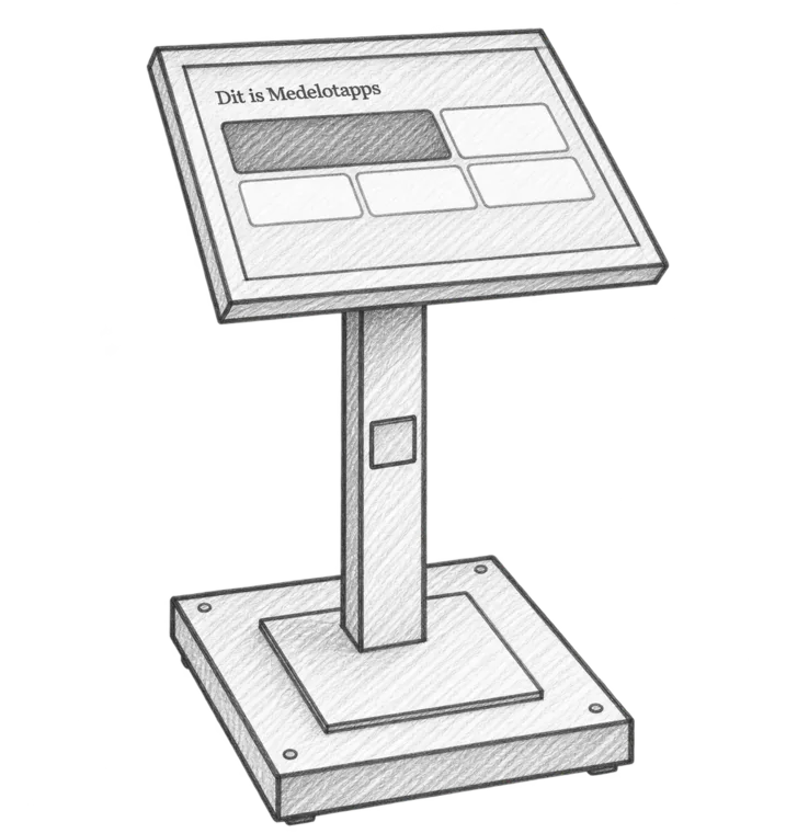 Station: a 27-inch touchscreen on a steel floor stand with a weighted foot plate